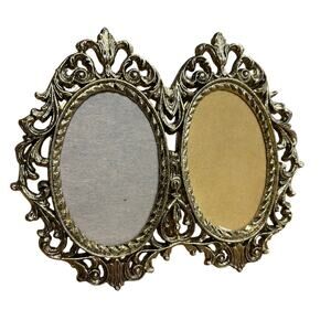 Vtg Small Metal Brass Gold Tone Antique DOUBLE PHOTO Picture Frame fits 2.5x3.5”